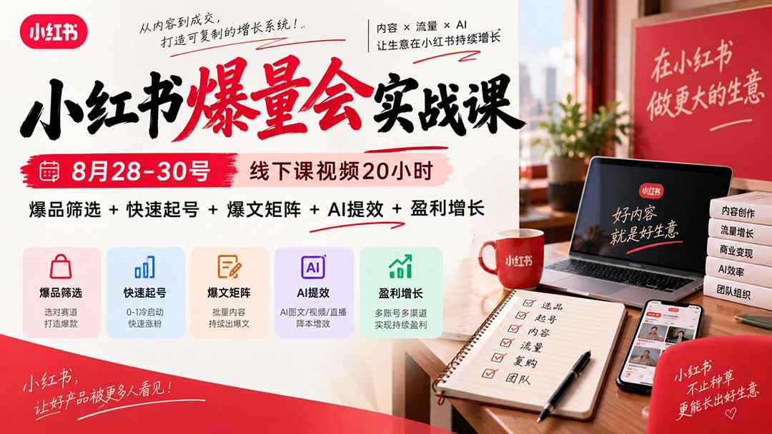 小红书爆量会实战课-更新9月23：线下课视频20小时，爆品筛选+快速起号+爆文矩阵+AI提效+盈利增长-网创资源站