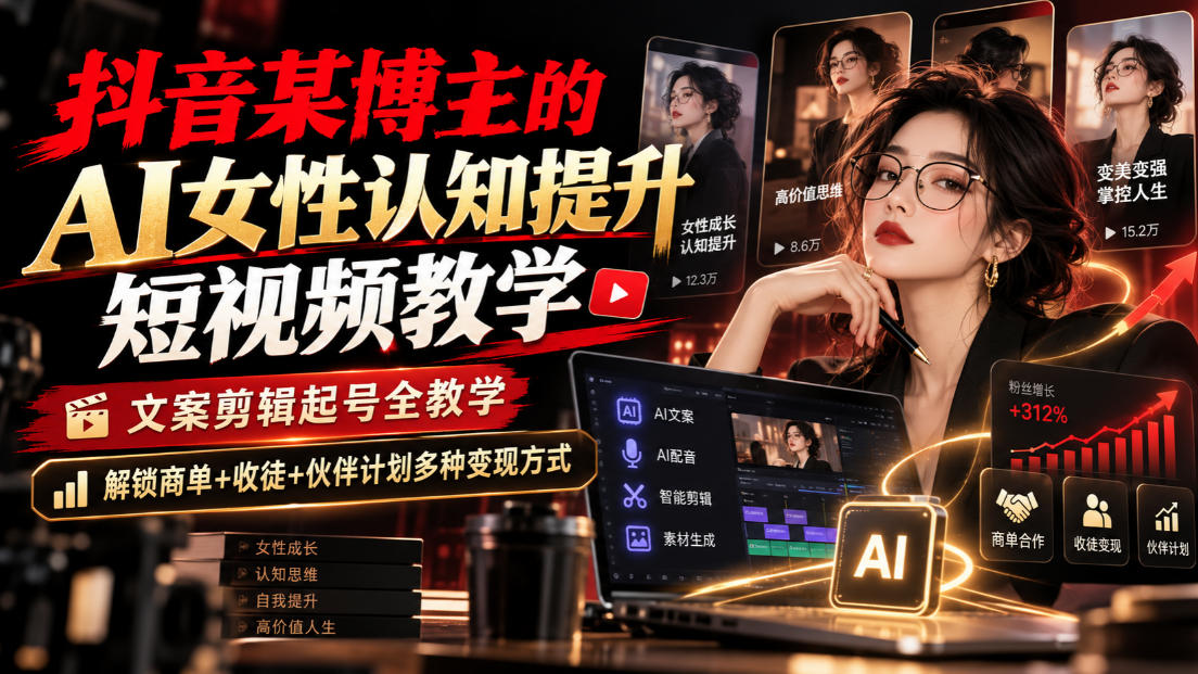 抖音某博主的Ai女性认知提升短视频教学，文案剪辑起号全教学，解锁商单+收徒+伙伴计划多种变现方式-网创资源站