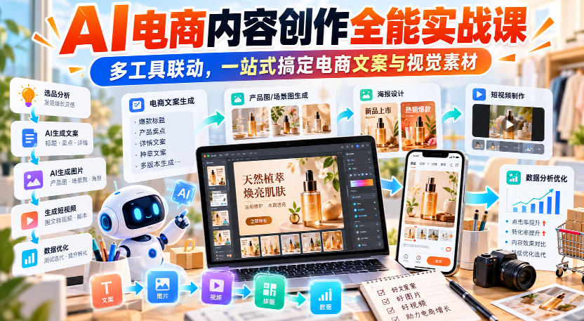 【无水印】AI电商内容创作全能实战课｜多工具联动，一站式搞定电商文案与视觉素材-网创资源站