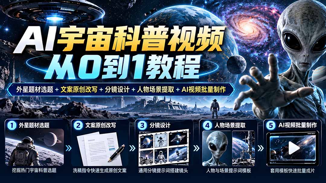 AI宇宙科普视频从0到1教程｜外星题材选题+文案原创改写+分镜设计+人物场景提取+AI视频批量制作-网创资源站