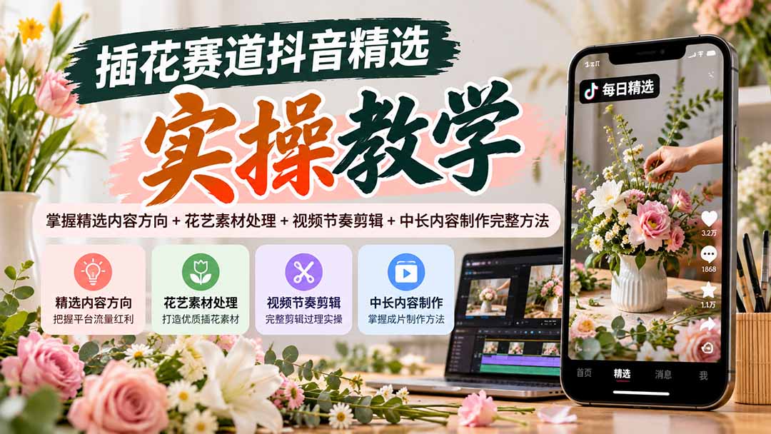 插花赛道抖音精选实操教学：掌握精选内容方向+花艺素材处理+视频节奏剪辑+中长内容制作完整方法-网创资源站