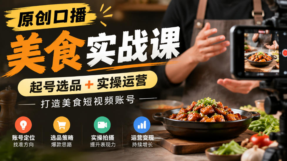 原创口播美食实战课，起号选品+实操运营，打造美食短视频账号-网创资源站