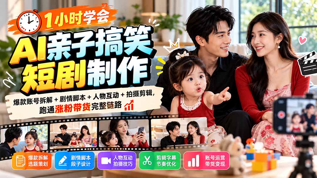 1小时学会AI亲子搞笑短剧制作：爆款账号拆解+剧情脚本+人物互动+拍摄剪辑，跑通涨粉带货完整链路-网创资源站