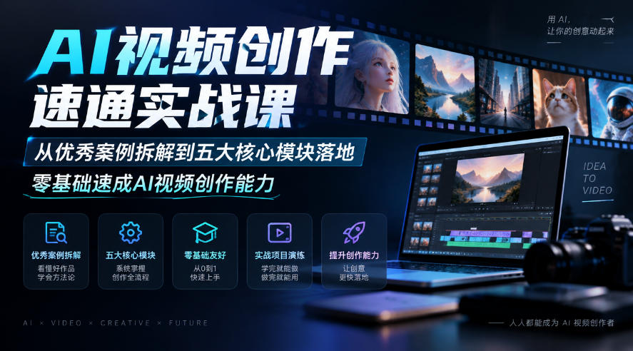 AI视频创作速通实战课｜从优秀案例拆解到五大核心模块落地，零基础速成AI视频创作能力-网创资源站