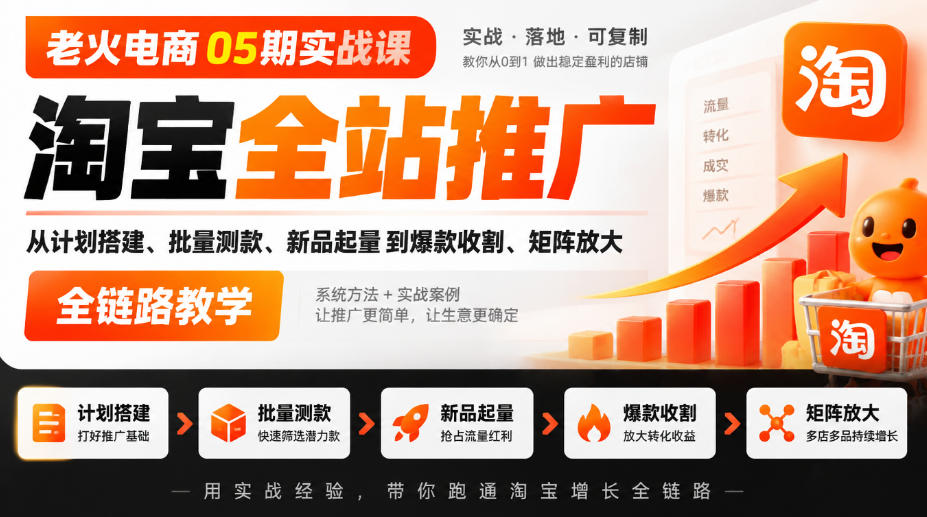 老火电商05期实战课｜淘宝全站推广从计划搭建、批量测款、新品起量到爆款收割、矩阵放大全链路教学-网创资源站