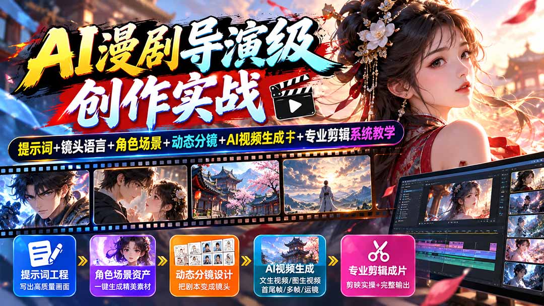 AI漫剧导演级创作实战：提示词+镜头语言+角色场景+动态分镜+AI视频生成+专业剪辑系统教学-网创资源站