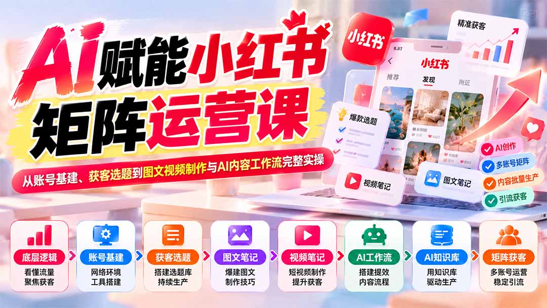 AI赋能小红书矩阵运营课：从账号基建、获客选题到图文视频制作与AI内容工作流完整实操-网创资源站