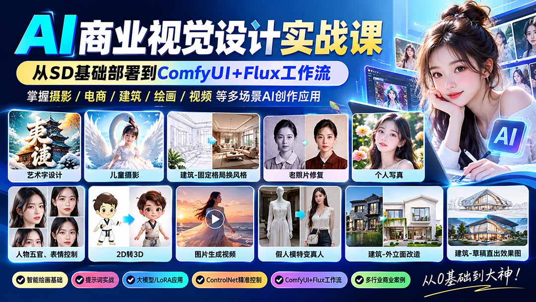 【无水印】AI商业视觉设计实战课：从SD基础部署到ComfyUI+Flux工作流，掌握摄影电商建筑AI创作-网创资源站