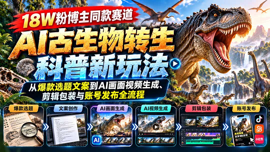 18W粉博主同款赛道-AI古生物转生科普新玩法：从爆款选题文案到AI画面视频生成、剪辑包装与账号发布全流程-网创资源站