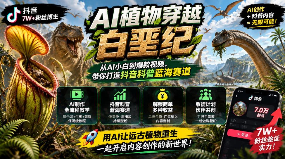 抖音7W粉丝博主的AI植物穿越白垩纪教学，抖音科普蓝海赛道，解锁商单收徒伙伴计划等多种收益-网创资源站