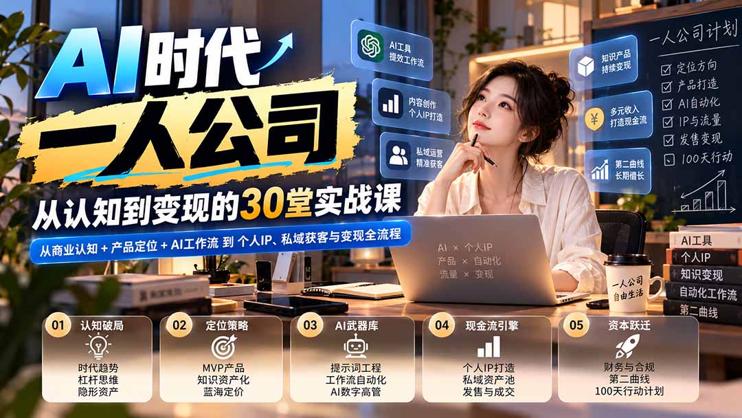 【无水印】AI时代一人公司30堂实战课：从商业认知+产品定位+AI工作流到个人IP、私域获客与变现全流程-网创资源站