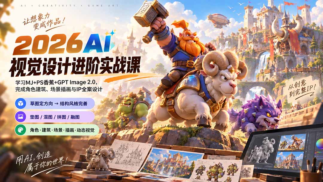 2026AI视觉设计进阶实战课-更新1007：学习MJ+PS香蕉+GPT Image 2.0，完成角色建筑、场景插画与IP全案设计-网创资源站