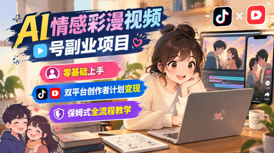 AI情感彩漫视频号副业项目，零基础上手，双平台创作者计划变现，保姆式全流程教学-网创资源站