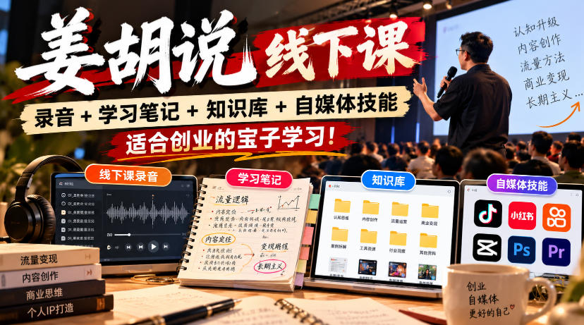姜胡说线下课录音＋学习笔记＋知识库＋自媒体技能，​适合创业的宝子学习！-网创资源站