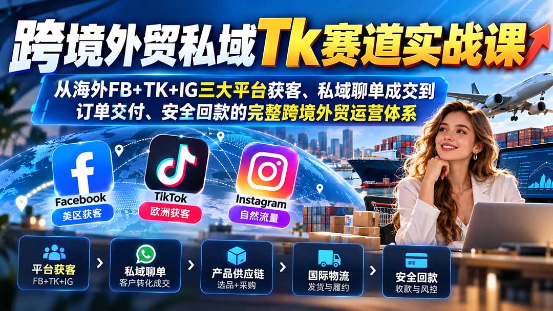 跨境外贸私域Tk赛道实战课：从海外FB+TK+IG三大平台获客、私域聊单成交到订单交付、安全回款的完整跨境外贸运营体系-网创资源站