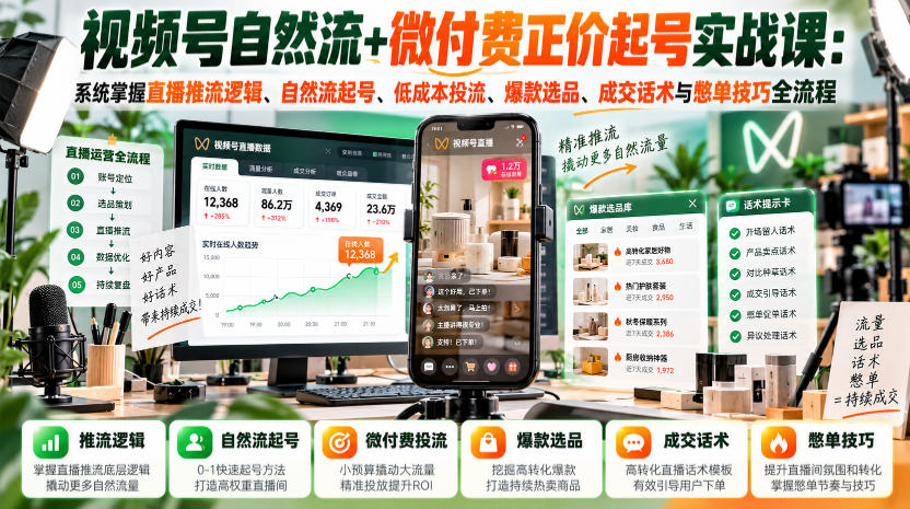 视频号自然流+微付费正价起号实战课：系统掌握直播推流逻辑、自然流起号、低成本投流、爆款选品、成交话术与憋单技巧全流程-网创资源站