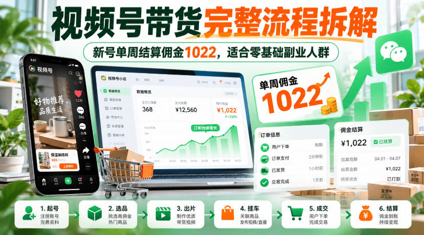 视频号带货完整流程拆解，新号单周结算佣金1022，适合零基础副业人群-网创资源站