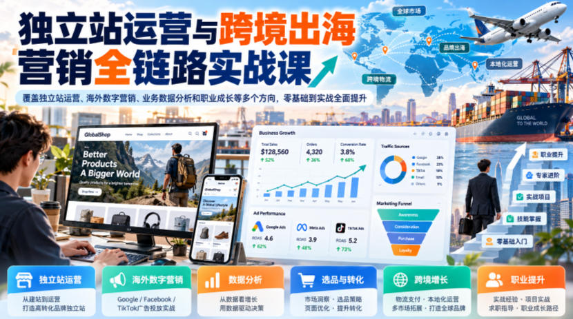 独立站运营与跨境出海营销全链路实战课，覆盖独立站运营、海外数字营销、业务数据分析和职业成长等多个方向，零基础到实战全面提升-网创资源站