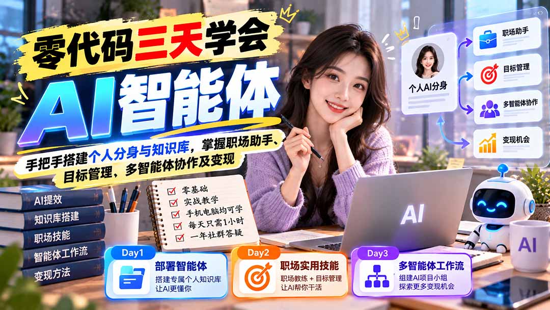 【无水印】零代码三天学会AI智能体：手把手搭建个人分身与知识库，掌握职场助手、目标管理、多智能体协作及变现-网创资源站