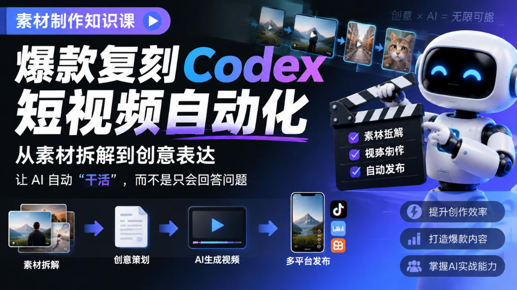 素材制作知识课，爆款复刻Codex短视频自动化，从素材拆解到创意表达，让AI自动“干活”，而不是只会回答问题-网创资源站