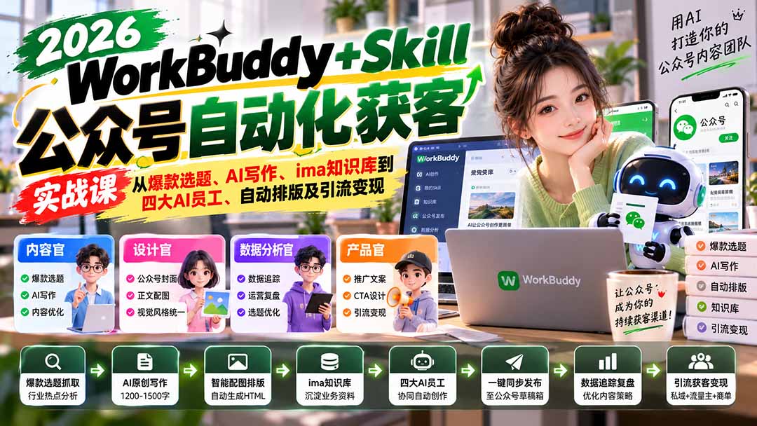 WorkBuddy + Skill公众号自动化获客实战课：从爆款选题、AI写作、ima知识库到四大AI员工、自动排版及引流变现-网创资源站