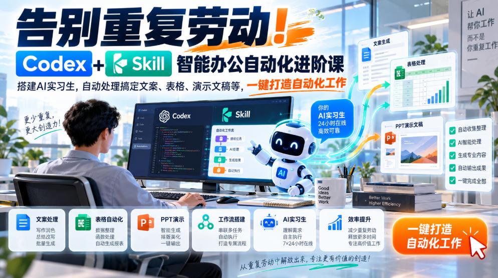 告别重复劳动！Codex+Skill智能办公自动化进阶课｜搭建AI实习生，自动处理搞定文案、表格、演示文稿等，一键打造自动化工作-网创资源站