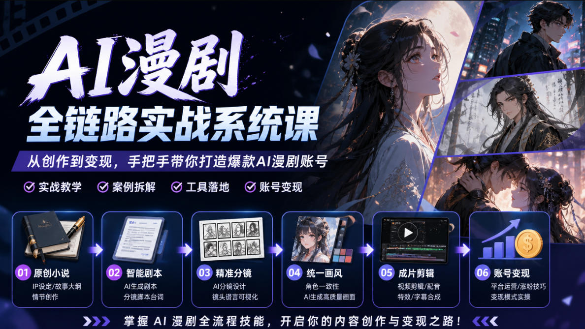 AI漫剧全链路实战系统课｜原创小说、智能剧本、精准分镜、统一画风、成片剪辑、账号变现实操教学(更新1018)-网创资源站