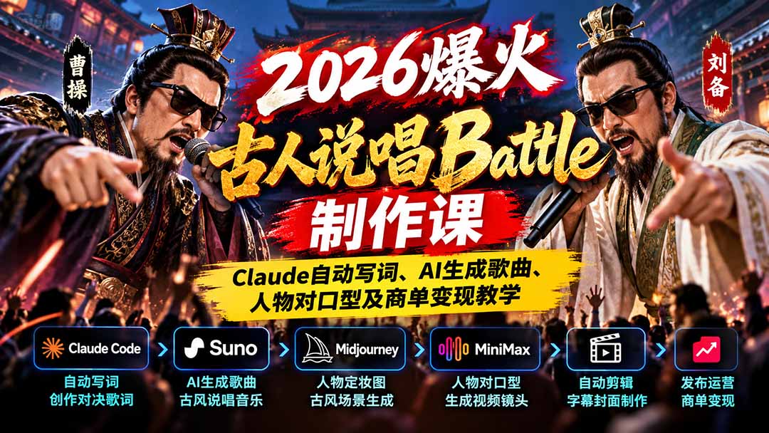 2026爆火古人说唱Battle制作课：Claude自动写词、AI生成歌曲、人物对口型及商单变现教学-网创资源站