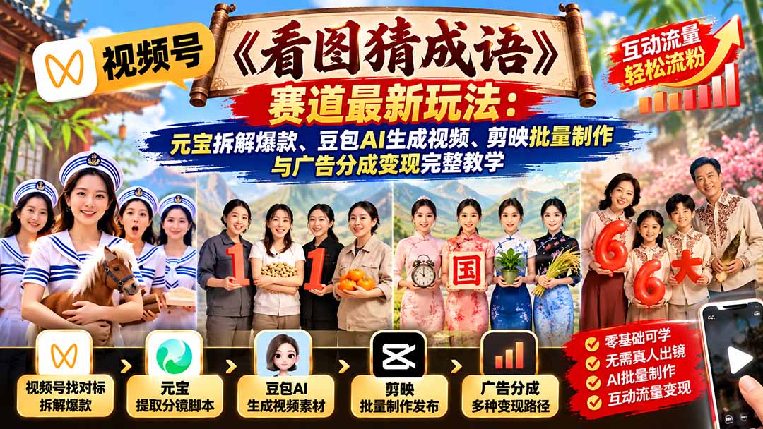 视频号《看图猜成语》赛道最新玩法：元宝拆解爆款、豆包AI生成视频、剪映批量制作与广告分成变现完整教学-网创资源站