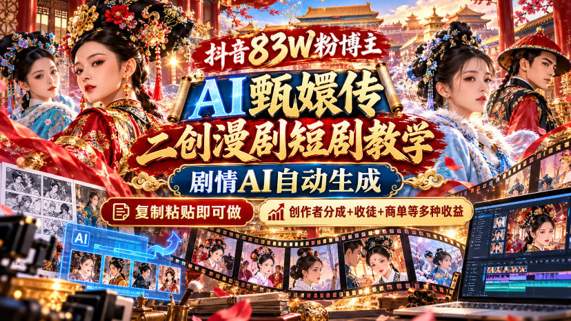 抖音83W粉博主AI甄嬛传二创漫剧短剧教学｜剧情AI自动生成，复制粘贴即可做，各大平台创作者分成+收徒等多种收益-网创资源站