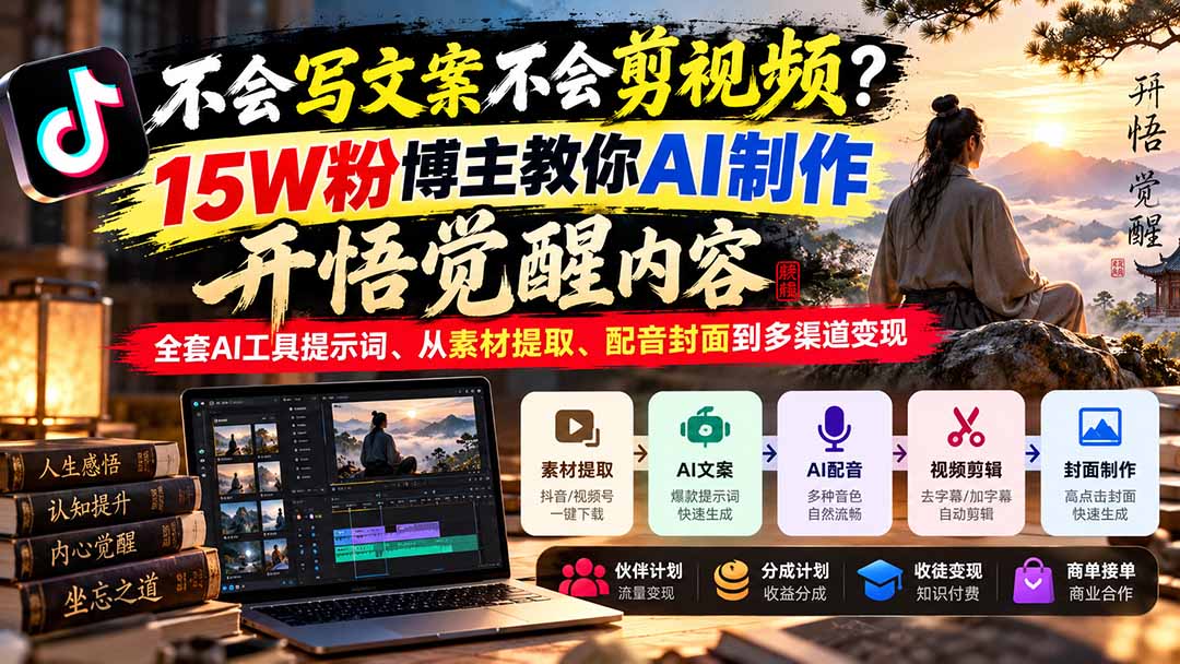 不会写文案不会剪视频？15W粉博主教你AI制作开悟觉醒内容，全套AI工具提示词、从素材提取、配音封面到多渠道变现-网创资源站