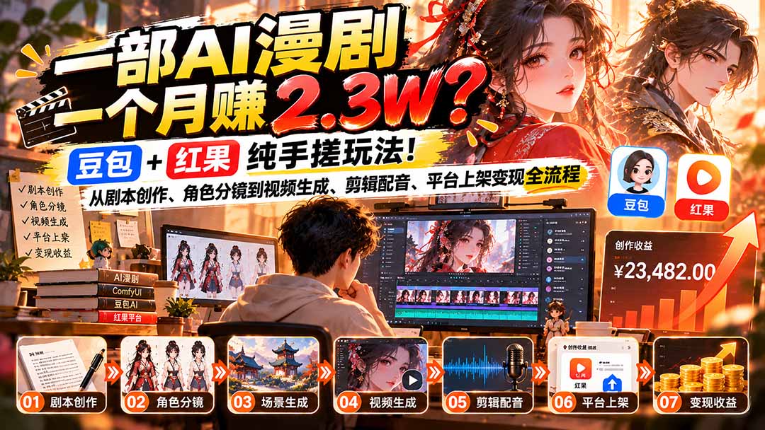 一部AI漫剧一个月赚2.3W？豆包+红果纯手搓玩法！从剧本创作、角色分镜到视频生成、剪辑配音、平台上架变现全流程-网创资源站