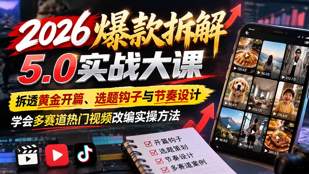 2026爆款拆解5.0实战大课：拆透黄金开篇、选题钩子与节奏设计，学会多赛道热门视频改编实操方法-网创资源站