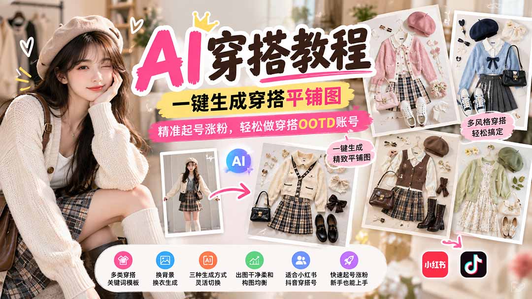 【无水印】AI穿搭教程｜一键生成穿搭平铺图，精准起号涨粉，轻松做穿搭OOTD账号-网创资源站