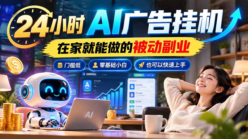 24小时AI广告挂机｜在家就能做的被动副业，门槛低，零基础小白也可以快速上手-网创资源站