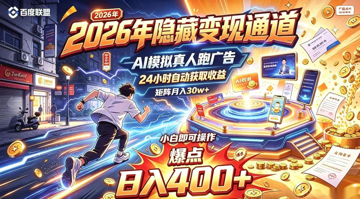 2026年别死磕自媒体，隐藏变现通道，AI模拟真人自动跑广告，小白即可操作，日入400+，矩阵月入可达到30w+【揭秘】-网创资源站