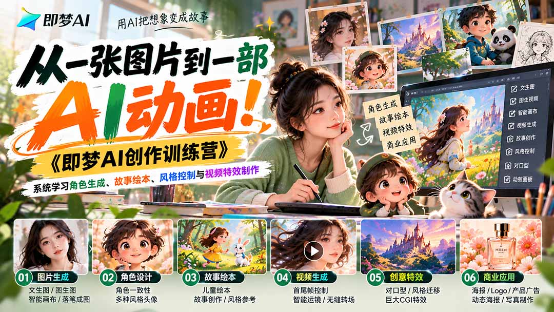 【无水印】从一张图片到一部AI动画！《即梦AI创作训练营》系统学习角色生成、故事绘本、风格控制与视频特效制作-网创资源站