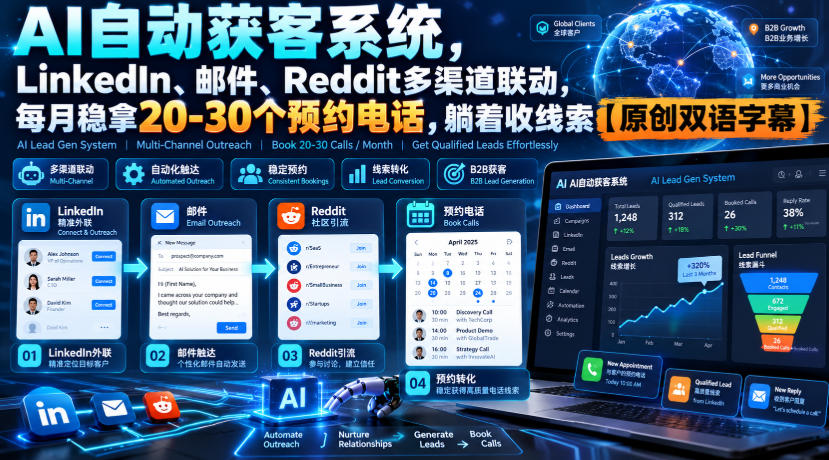 【无水印】AI自动获客系统，LinkedIn、邮件、Reddit多渠道联动，每月稳拿20-30个预约电话，躺着收线索【原创双语字幕】-网创资源站