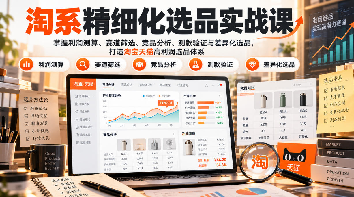 货架电商精细化选品实战课：掌握利润测算、赛道筛选、竞品分析、测款验证与差异化选品，打造淘宝天猫高利润选品体系-网创资源站