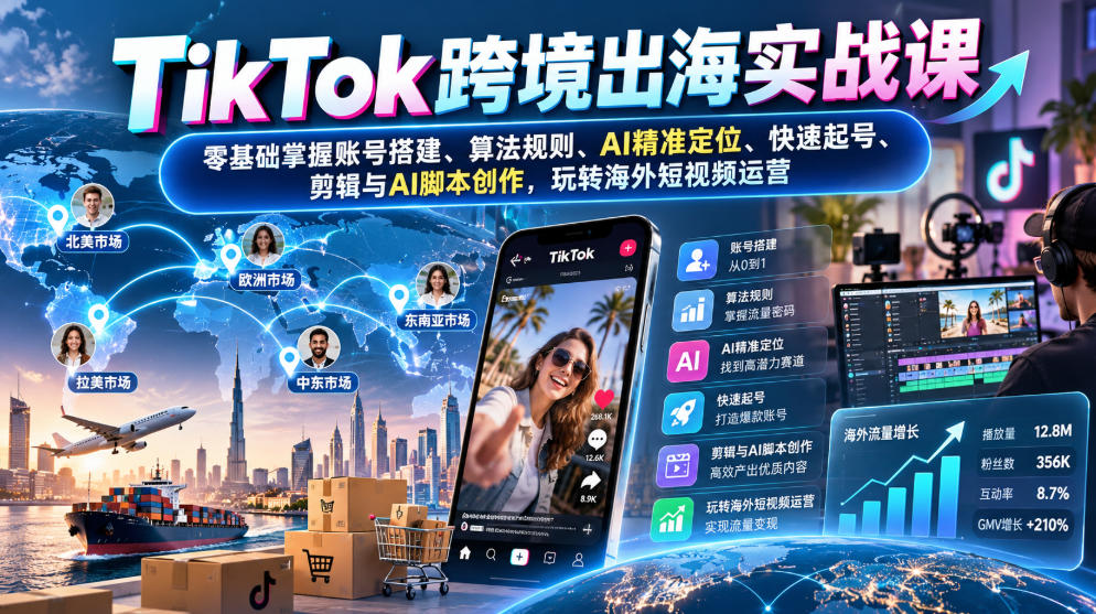 TikTok跨境出海实战课：零基础掌握账号搭建、算法规则、AI精准定位、快速起号、剪辑与AI脚本创作，玩转海外短视频运营-网创资源站