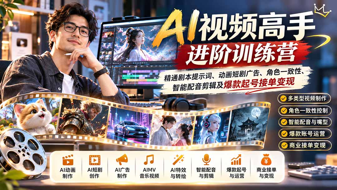 AI视频高手进阶训练营：精通剧本提示词、动画短剧广告、角色一致性、智能配音剪辑及爆款起号接单变现-网创资源站