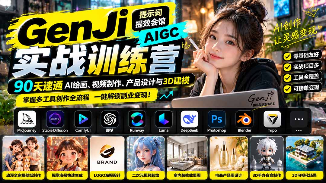 GenJi AIGC实战训练营：90天速通AI绘画、视频制作、产品设计与3D建模，掌握多工具创作全流程-网创资源站