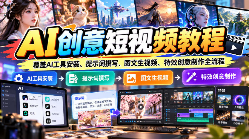 AI创意短视频教程，覆盖AI工具安装、提示词撰写、图文生视频、特效创意制作全流程-网创资源站