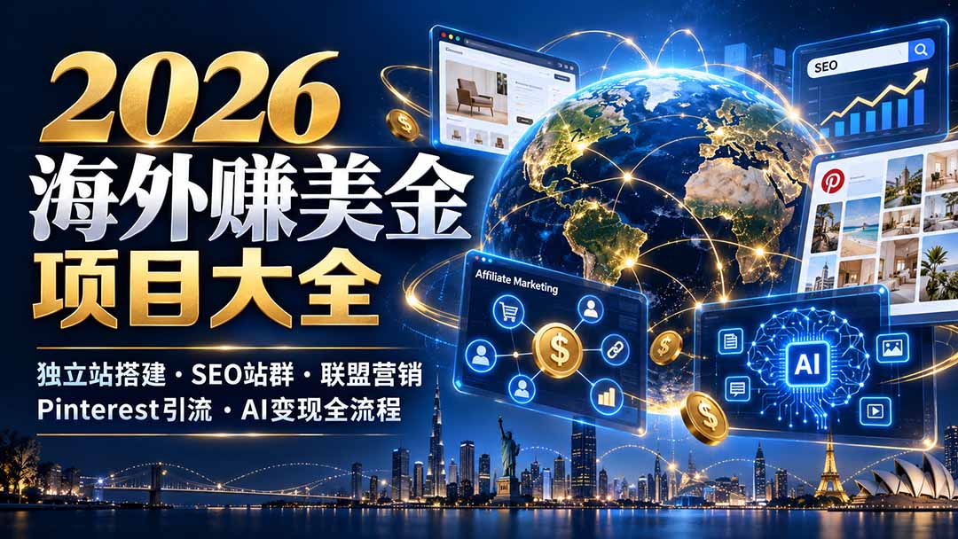 2026海外赚美金项目大全：独立站搭建、SEO站群、联盟营销、Pinterest引流与AI变现全流程-网创资源站