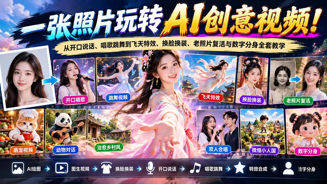 一张照片玩转AI创意视频！从开口说话、唱歌跳舞到飞天特效、换脸换装、老照片复活与数字分身全套教学-网创资源站