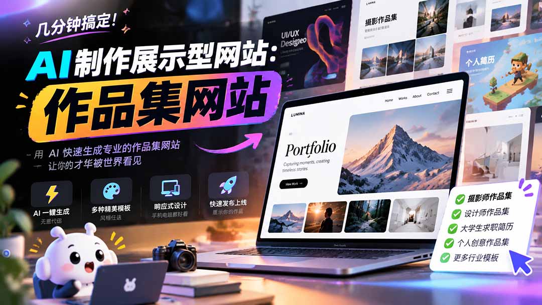 几分钟搞定，AI制作展示型网站制作：作品集网站，用AI快速生成专业的作品集网站，接单变现！-网创资源站