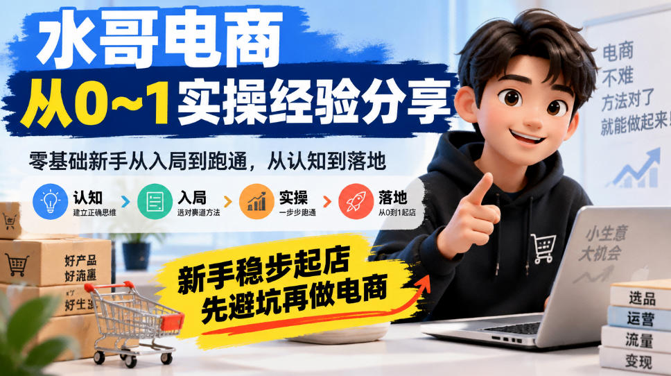 水哥电商从0~1实操经验分享，​零基础新手从入局到跑通，从认知到落地，新手稳步起店，先避坑再做电商-网创资源站