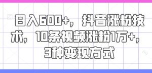 日入600+，抖音涨粉技术，10条视频涨粉1万+，3种变现方式【揭秘】-网创资源站