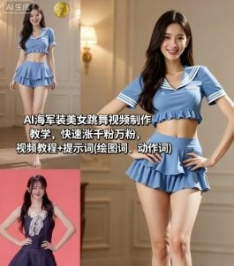 AI海军装美女跳舞视频制作教学，快速涨千粉万粉，视频教程+提示词(绘图词、动作词)-网创资源站