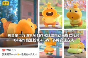 抖音某百万博主AI制作水豚噜噜动画爆款视频，84条作品涨粉164.6W，多种变现方式-网创资源站
